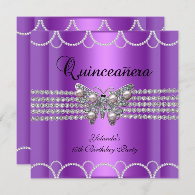 Invitation Quinceanera 15e dentelle perle de papillon pourpre (Devant / Derrière)