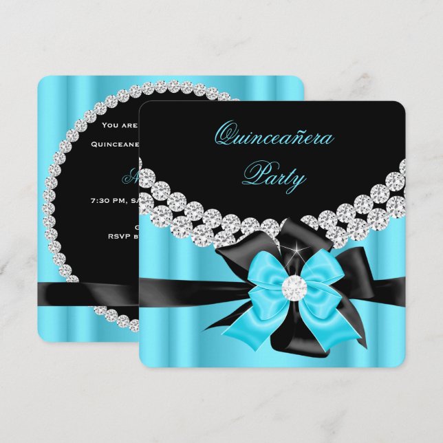 Invitation Quinceanera 15e Diamants noirs en argent bleu 2 (Devant / Derrière)