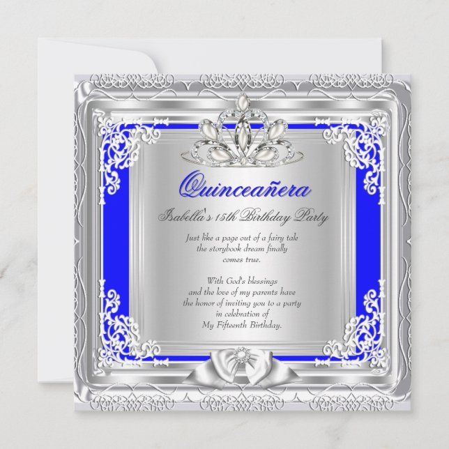 Invitation Quinceanera 15e fête d'anniversaire Blue Silver (Devant)