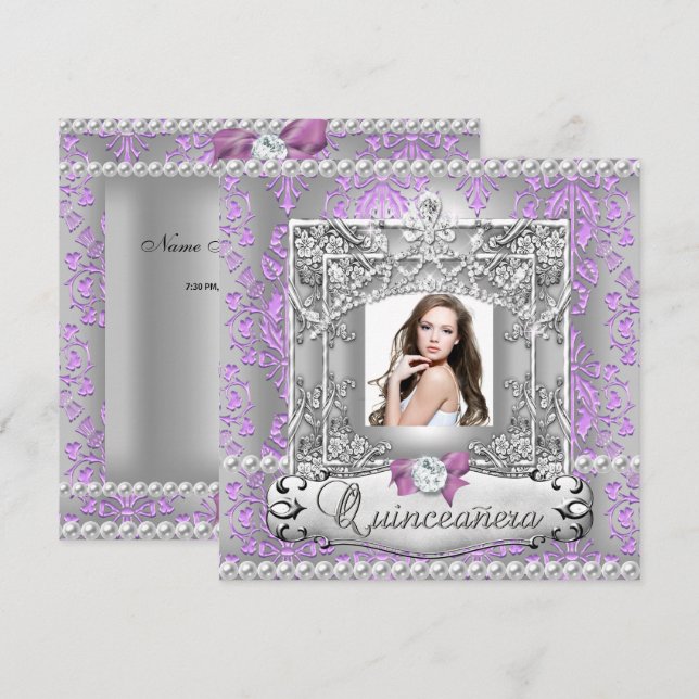 Invitation Quinceanera 15e fête d'anniversaire Damask Lilac (Devant / Derrière)