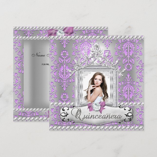 Invitation Quinceanera 15e fête d'anniversaire Damask Lilac P (Devant / Derrière)