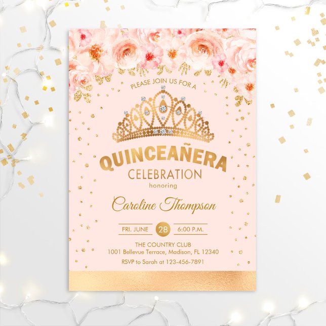 Invitation Quinceanera 15e fête d'anniversaire - Floral Gold  (Créateur téléchargé)