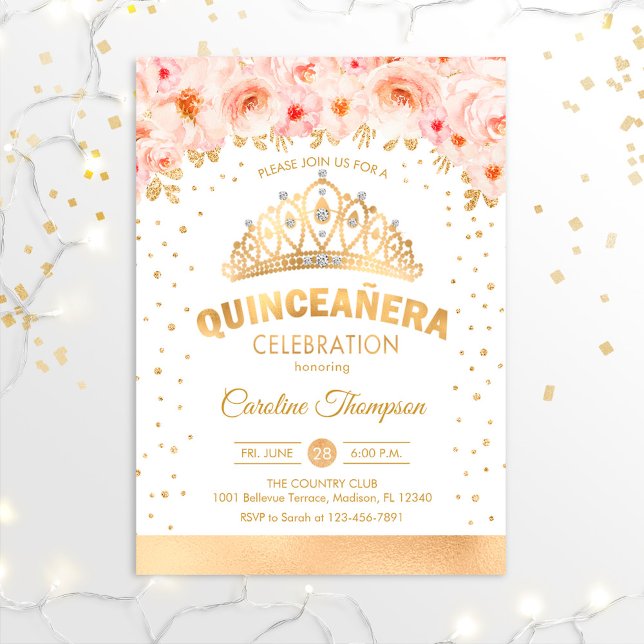 Invitation Quinceanera 15e fête d'anniversaire - Floral rose  (Créateur téléchargé)
