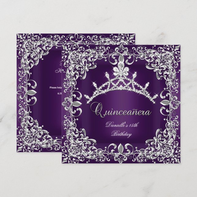 Invitation Quinceanera 15e fête d'anniversaire foncé violet (Devant / Derrière)
