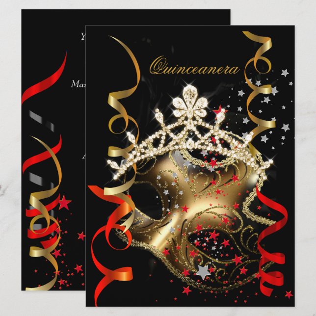 Invitation Quinceanera 15e fête d'anniversaire Masque rouge n (Devant / Derrière)