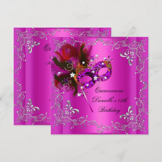 Invitation Quinceanera 15e fête d'anniversaire Masquerade ros (Devant / Derrière)