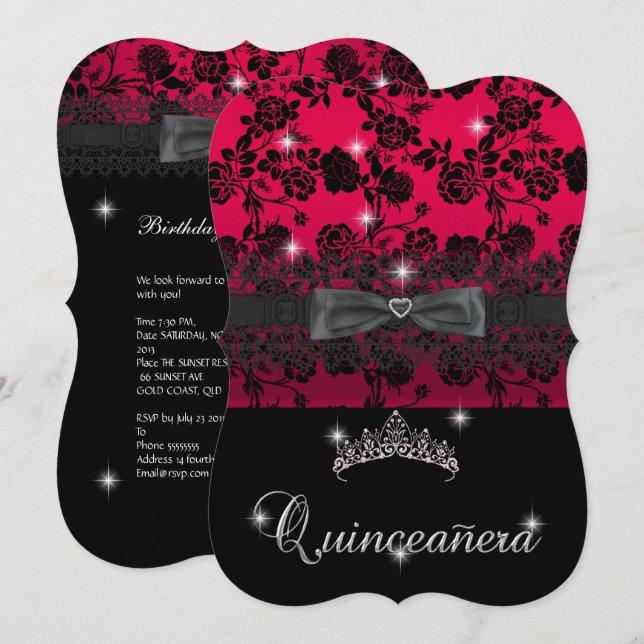 Invitation Quinceanera 15e fête d'anniversaire Rouge Black La (Devant / Derrière)