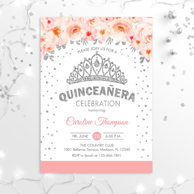 Invitation Quinceanera 15e fête d'anniversaire - Silver Pink (Créateur téléchargé)
