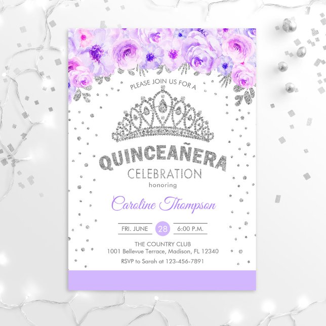 Invitation Quinceanera 15e fête d'anniversaire - Silver Purpl (Créateur téléchargé)