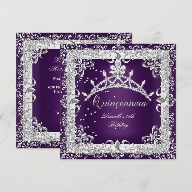 Invitation Quinceanera 15e fête d'anniversaire Silver Purple (Devant / Derrière)