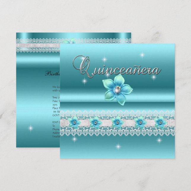 Invitation Quinceanera 15e fête d'anniversaire Turquoise bleu (Devant / Derrière)