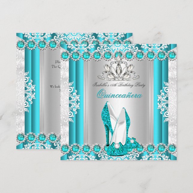 Invitation Quinceanera 15e fête d'anniversaire Turquoise Blue (Devant / Derrière)