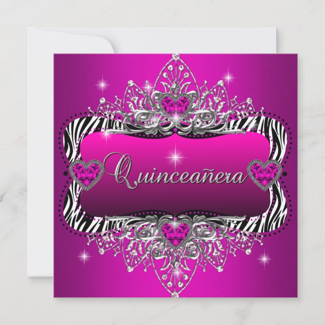 Invitation Quinceanera 15e fête d'anniversaire Zebra rose Noi (Devant)