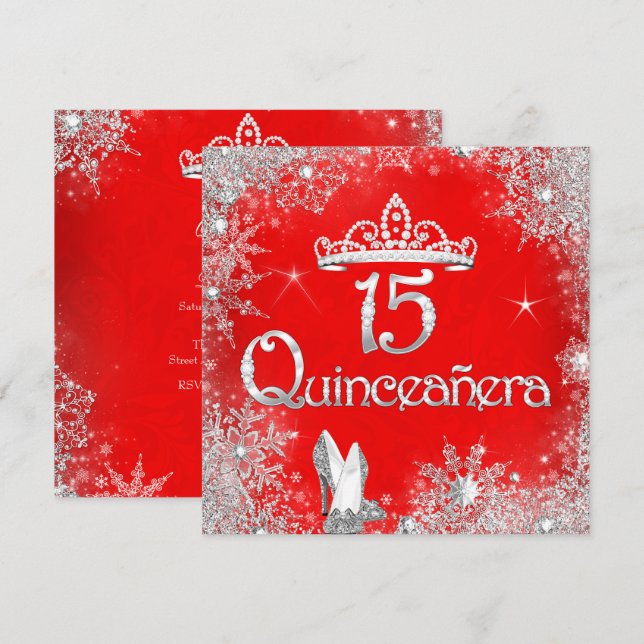 Invitation Quinceanera 15e Fête des flocons d'argent rouge 2 (Devant / Derrière)