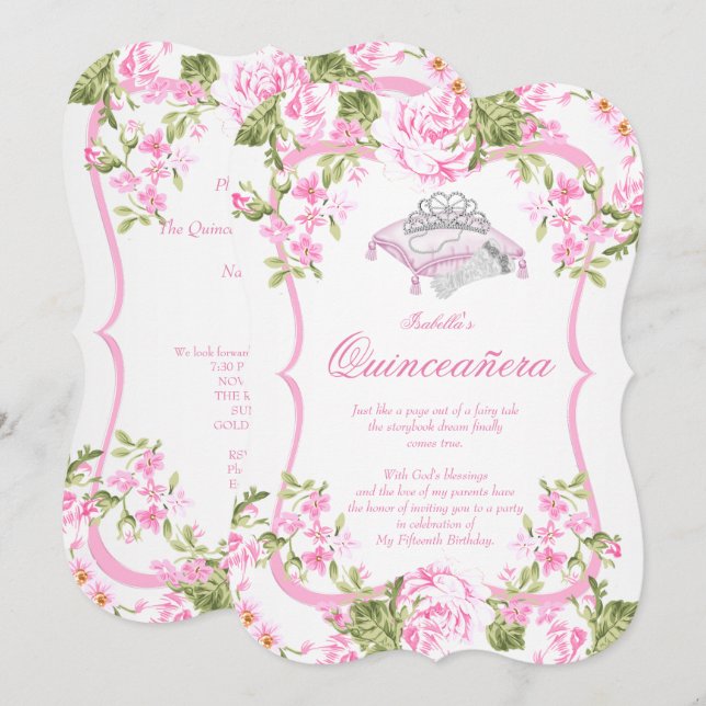 Invitation Quinceanera 15e fleurs de roses douces roses (Devant / Derrière)