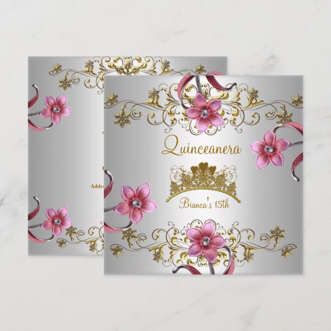 Invitation Quinceanera 15e Fleurs roses blanches Gold Tiara (Devant / Derrière)