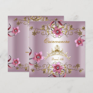 Invitation Quinceanera 15e Fleurs roses Gold Tiara