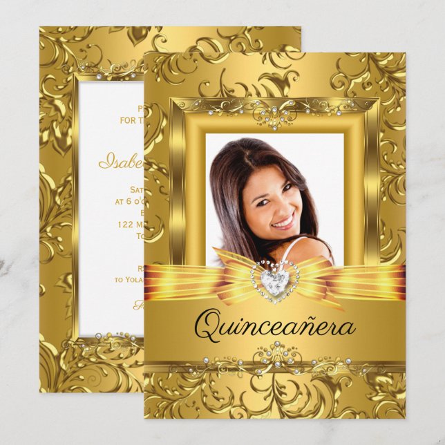Invitation Quinceanera 15e Gold Damask Photo Pearl (Devant / Derrière)