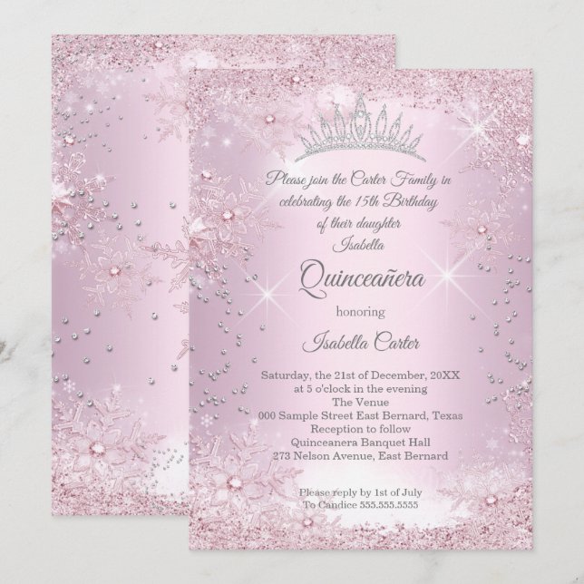 Invitation Quinceanera 15e hiver du flocon de neige rose (Devant / Derrière)
