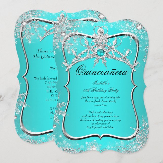 Invitation Quinceanera 15e hiver Wonderland Aqua Pearl (Devant / Derrière)