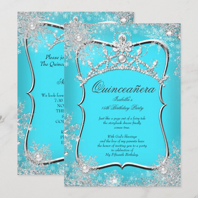 Invitation Quinceanera 15e hiver Wonderland Argent Turquoise (Devant / Derrière)