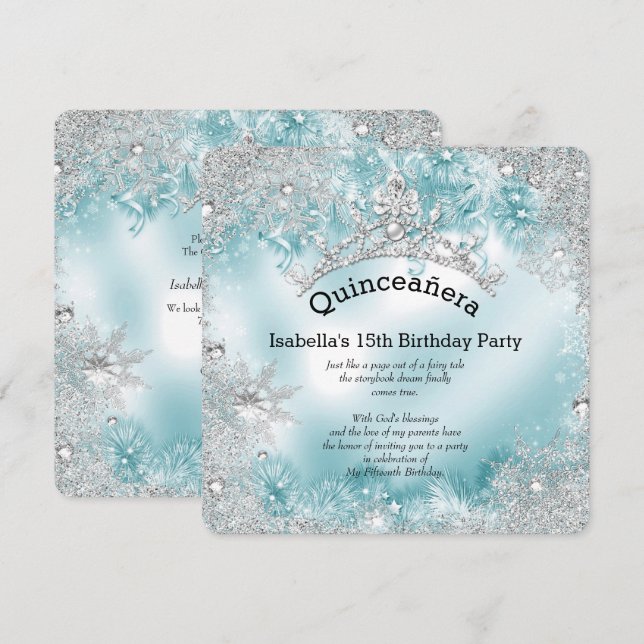 Invitation Quinceanera 15e hiver Wonderland Argent Turquoise  (Devant / Derrière)