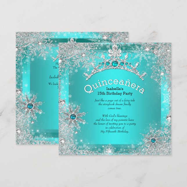 Invitation Quinceanera 15e hiver Wonderland Argent Turquoise  (Devant / Derrière)