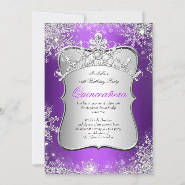 Invitation Quinceanera 15e hiver Wonderland Argent violet (Devant)