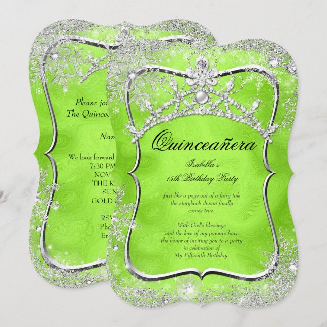 Invitation Quinceanera 15e hiver Wonderland Lime Green (Devant / Derrière)