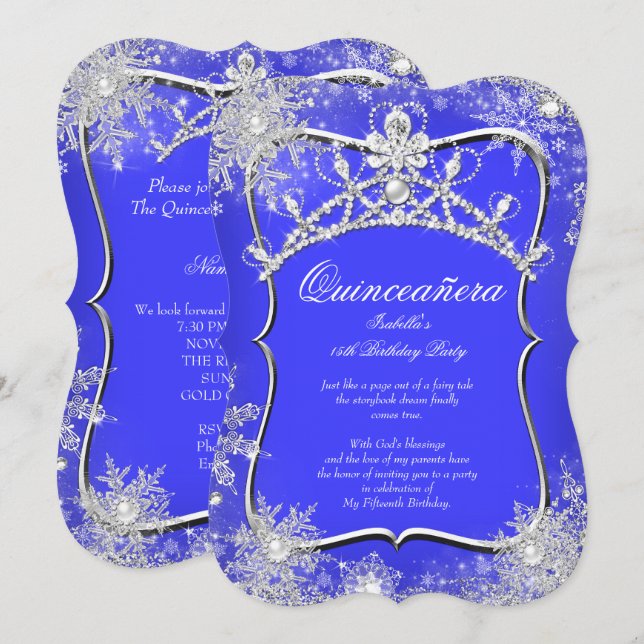 Invitation Quinceanera 15e hiver Wonderland Royal Blue (Devant / Derrière)