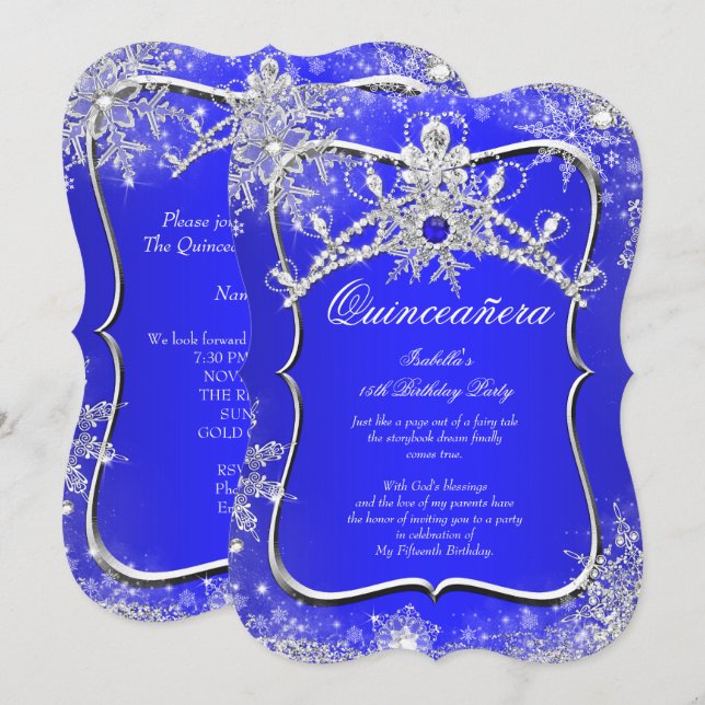 Invitation Quinceanera 15e hiver Wonderland Royal Blue (Devant / Derrière)