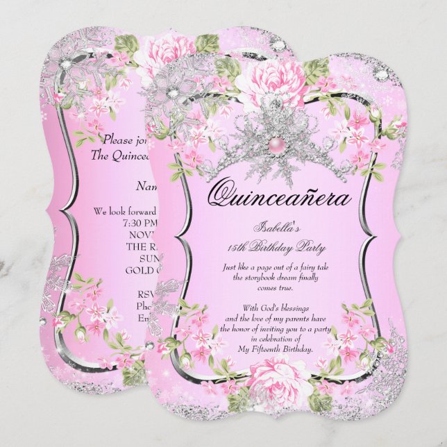 Invitation Quinceanera 15e hiver Wonderland Sweet Pink (Devant / Derrière)