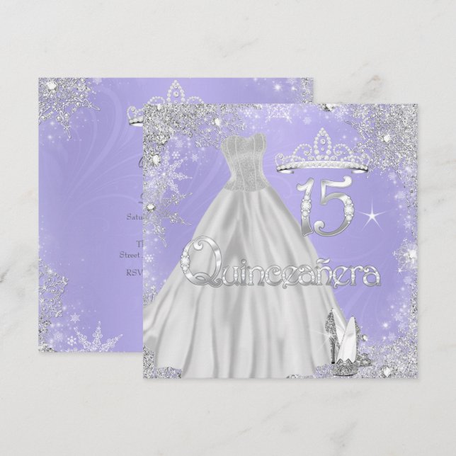 Invitation Quinceanera 15e Lilac Silver Snowflakes Party (Devant / Derrière)