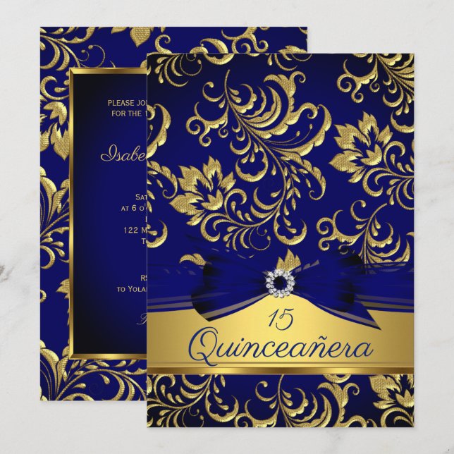 Invitation Quinceanera 15e Marine Blue Gold Floral Damask Bow (Devant / Derrière)