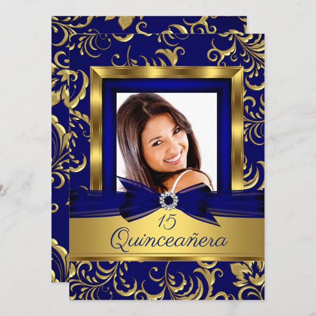Invitation Quinceanera 15e Marine Blue Gold Floral Photo (Devant / Derrière)