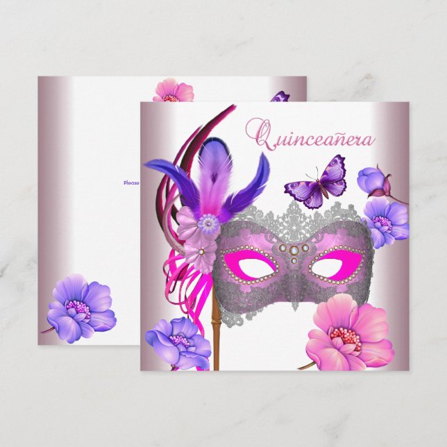 Invitation Quinceanera 15e Masque blanc rose pourpre (Devant / Derrière)