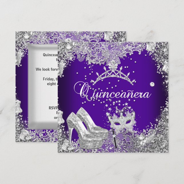 Invitation Quinceanera 15e Masque d'argent pourpre Tiara (Devant / Derrière)