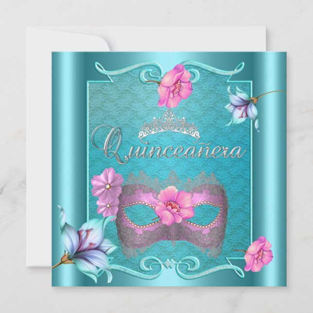 Invitation Quinceanera 15e Masque Turquoise bleu rose floral  (Devant)