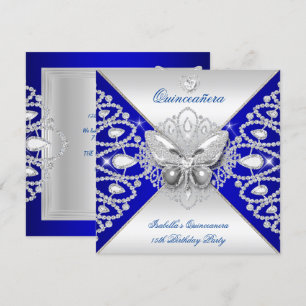 Invitation Quinceanera 15e Papillon bleu en argent Tiara