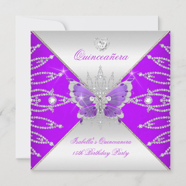 Invitation Quinceanera 15e papillon pourpre en argent Tiara (Devant)