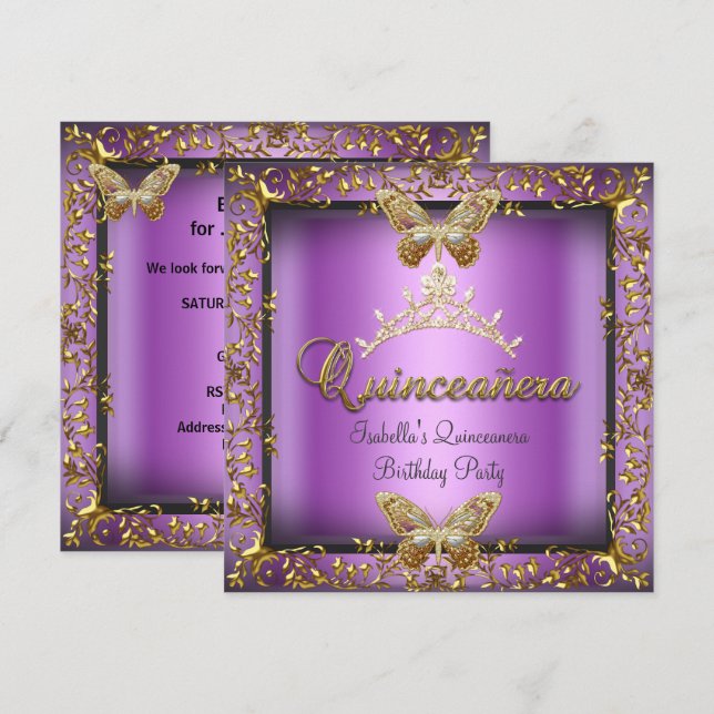 Invitation Quinceañera 15e papillon rose violet or (Devant / Derrière)