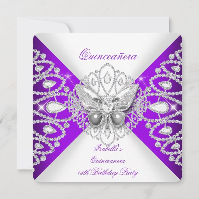 Invitation Quinceanera 15e Parti Tiara du papillon pourpre (Devant)