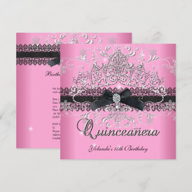 Invitation Quinceanera 15e Parties scintillant rose Tiara Bla (Devant / Derrière)
