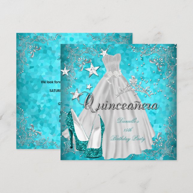 Invitation Quinceanera 15e Parties scintillant Turquoise de S (Devant / Derrière)