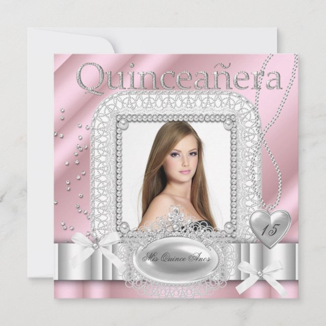 Invitation Quinceanera 15e Perle de dentelle blanche rose pho (Devant)