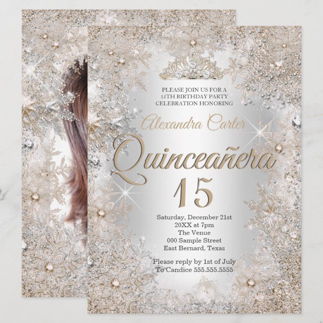 Invitation Quinceanera 15e Photo Flocon de neige beige argent (Devant / Derrière)