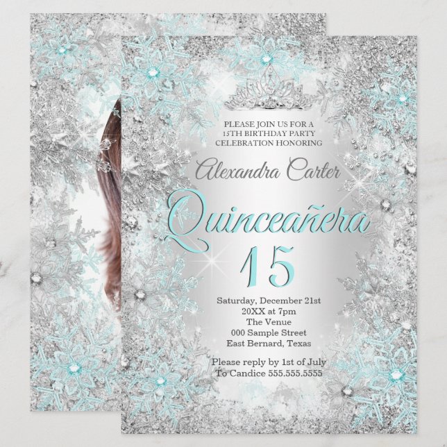 Invitation Quinceanera 15e Photo Silver bleu Turquoise Flocon (Devant / Derrière)