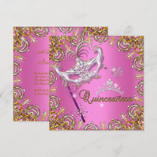 Invitation Quinceanera 15e Pink Masquerade Party Gold