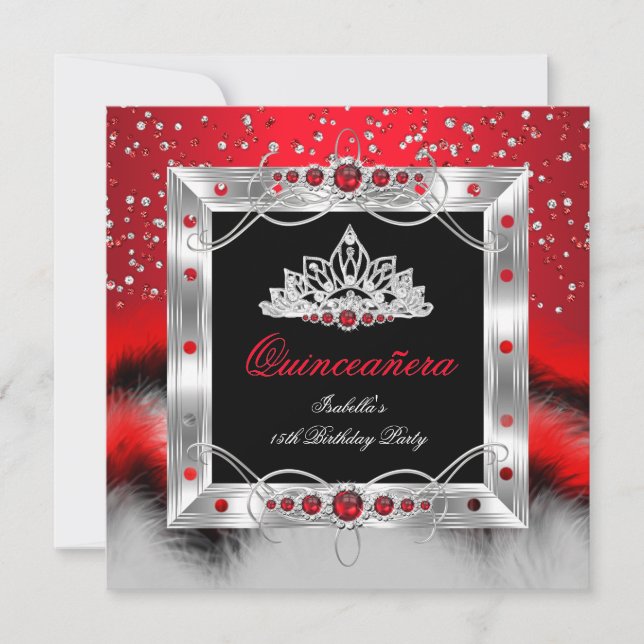 Invitation Quinceanera 15e plume Rouge Pearl Glamor (Devant)