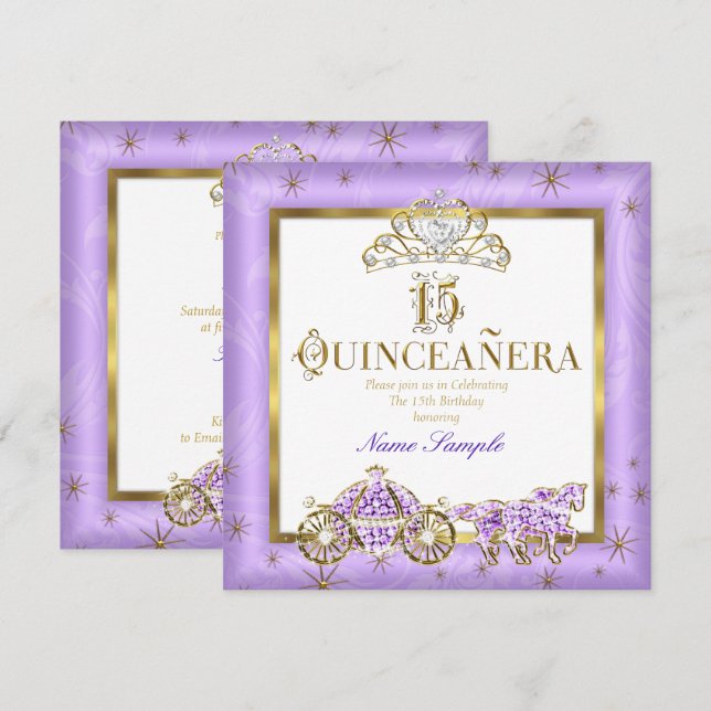 Invitation Quinceanera 15e Porte-Chevaux Purple Gold Tiara (Devant / Derrière)